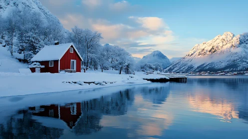 Red cabin beside icy fjord under pastel winter sunset.