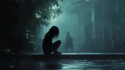 Rain-drowned quiet curls around a lonely silhouette on stone