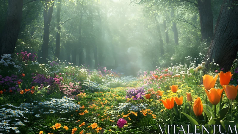 Sunlit Forest Garden with Blooming Flowers.