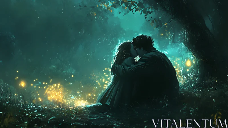 Luminescent Embrace: Figures in Ethereal Cave Setting.