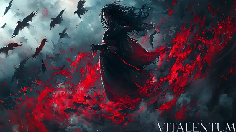 Stormlit mage walking through crimson swirling crows.