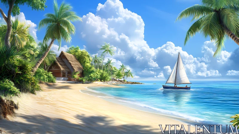 Tropical Island Rendering with Sailboat, Coastal Hut, and Atmospheric Cloud Formation