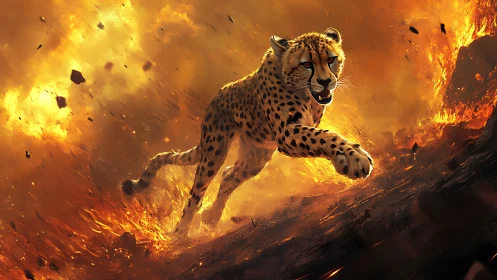 Cheetah Traversing Fiery Landscape Against Inferno