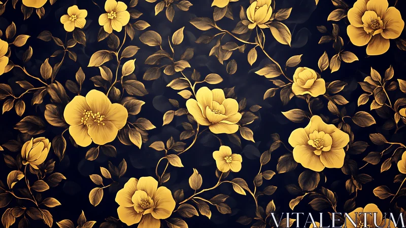 Golden Botanical Florals Against Deep Indigo Ground.