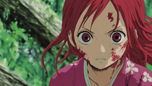 Anime character with bloodstained face stares directly forward