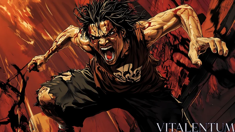 Feral street warrior lunges through a burning urban maelstrom.