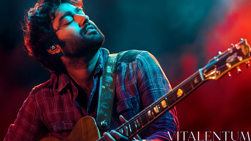 Guitarist closes eyes in vivid stage lights while performing.