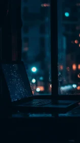 Open laptop glows beside rainy window over blurred city