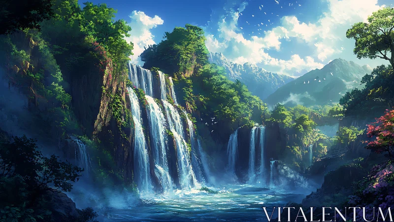 Multi-tiered waterfalls cascade through dense forest valley