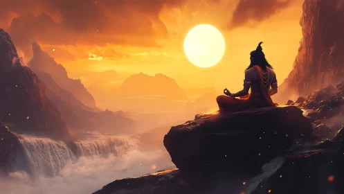 Meditative sage silhouette before radiant sunset cascade.