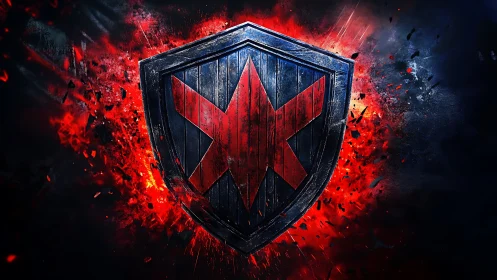 Digital shield emblem with fractured red star core design.