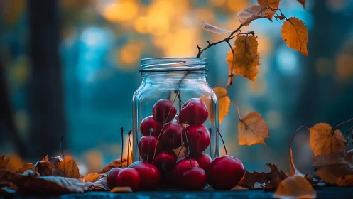 Glass jar holding red cherries amid autumn leaves.