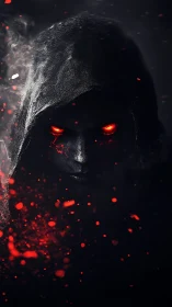 Hooded infernal figure with blazing red eyes emerging.