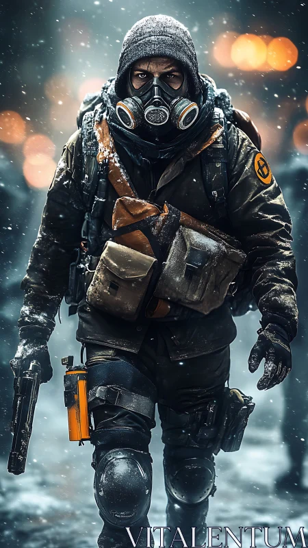 Snowstorm lone operative in gas mask stalking the ruins.