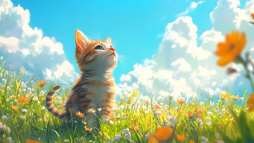 Orange tabby kitten gazing upward in vibrant wildflower meadow.