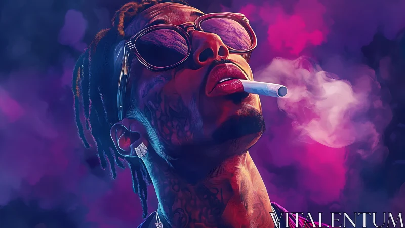 Neon-lit portrait with smoke, reflective shades, magenta haze.