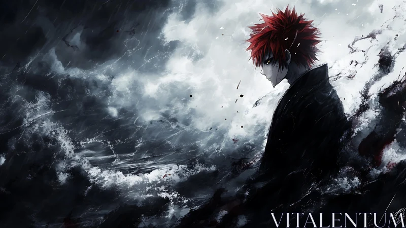 Red haired anime loner stands in storm of dark waves.
