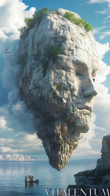 Floating stone face cliff over calm sea under blue sky.