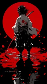 Lone samurai stands before red sun with bloodied katana.