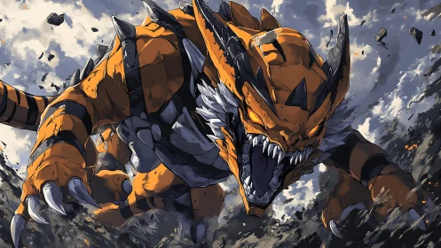 Armored dragon beast lunges forward through shattered ground