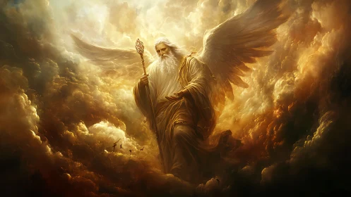 Winged robed figure holds staff amid dense illuminated clouds