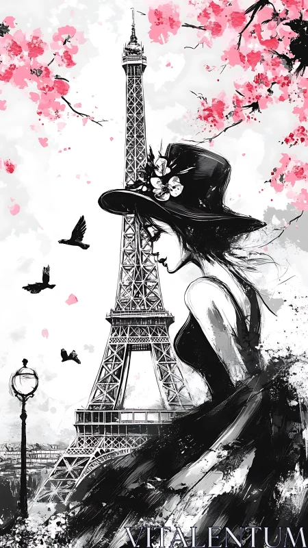 Spring whispers in Paris with a dreamy girl in black ink.
