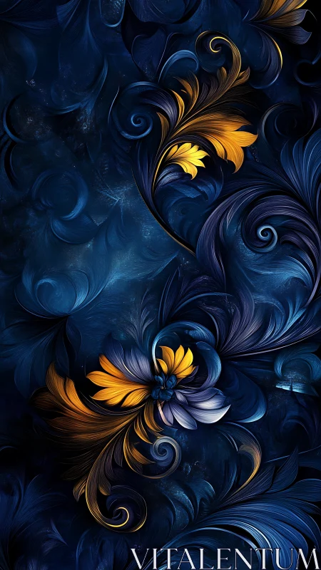 Fractal floral filigree with luminous blue and gold curls on navy