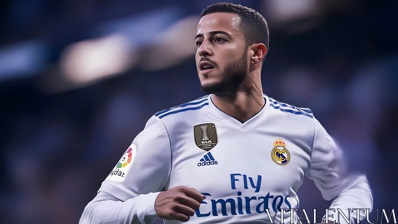 Detailed close-up of soccer player in Real Madrid kit during match