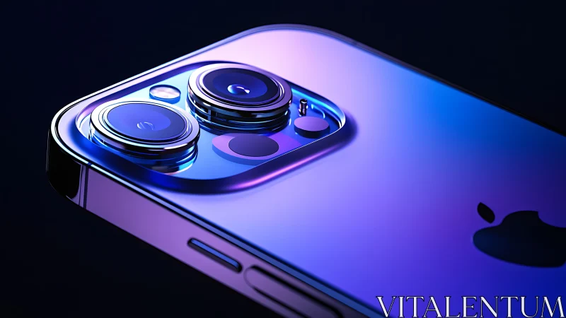 Smartphone camera module with dual lens arrangement and reflective gradient finish.