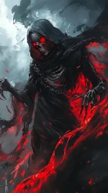 Hooded skeletal wraith rendered with high contrast red energy effects