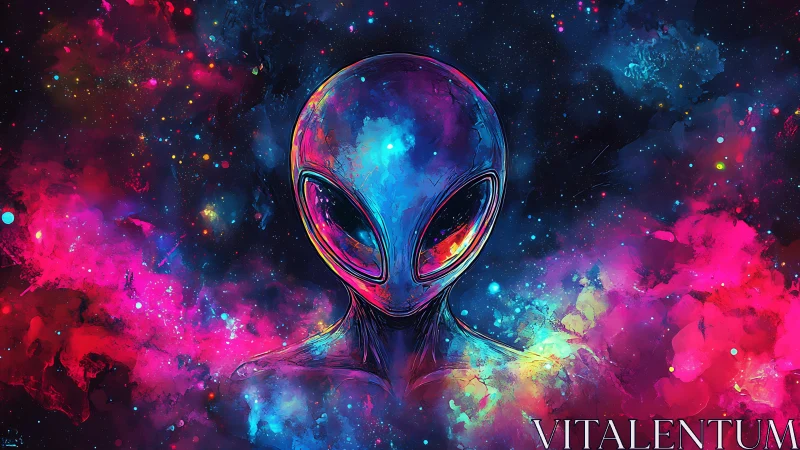 Starlit alien visitor glows gently within a neon cosmic cloud
