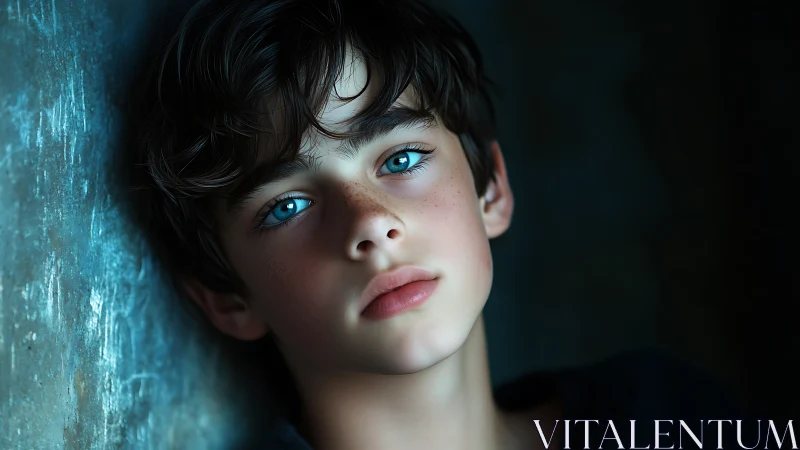 Young Person with Dark Hair and Blue Eyes Against Textured Wall