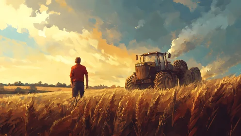 Golden field sunset with farmer and tractor in quiet harmony.