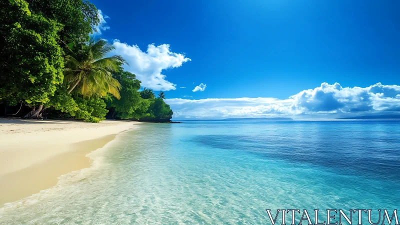 Tropical beach paradise with crystalline waters and lush canopy.