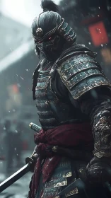 Armored warrior stands in snow with sword partially drawn