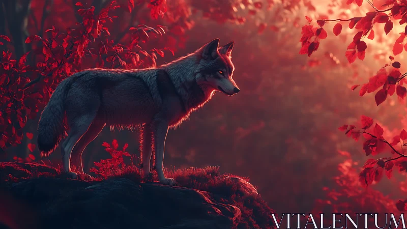 Digital painting of a lone wolf in crimson forest lightscape.