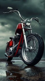 Low-angle crimson chopper motorcycle under stormy sky.