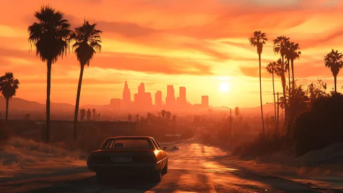 Sunset drive toward glowing palm-lined city skyline.