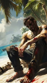 Injured man seated on tropical shoreline under palm trees.