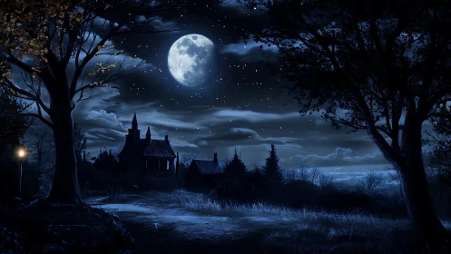 Moonlit haunted cottage under starry midnight sky.