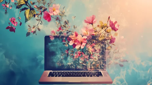 Laptop computer displays digitally composited blooming flowers