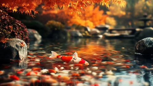 Autumn koi pond scene renders shallow depth, rich color harmony