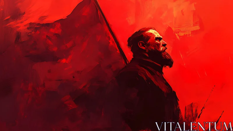 Defiant bearded figure stands beneath a blazing red banner