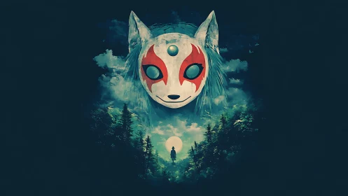 Luminous fox mask deity over lunar forest silhouette portal.