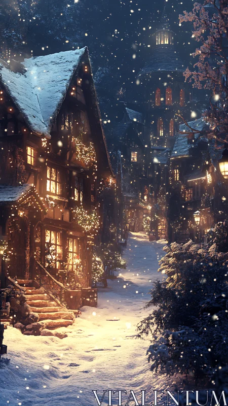 Snowy holiday village glows with warm lantern light at dusk.