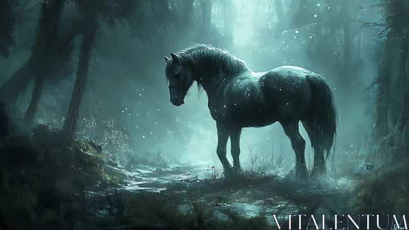 Moonlit forest horse pauses quietly in soft blue mist