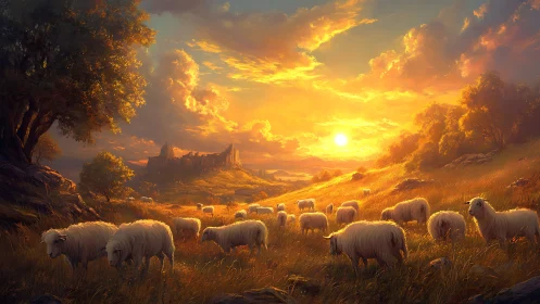 Sunlit sheep graze beneath glowing sunset over valley