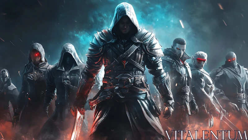 Hooded warrior squad advances through fire and blue smoke