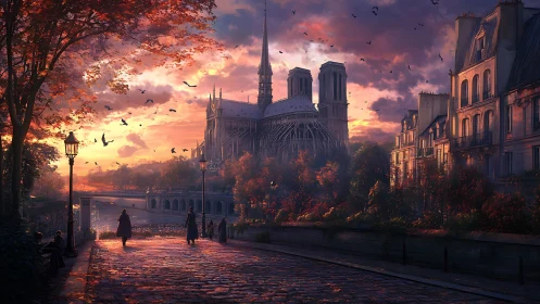 Notre Dame viewed across river at sunset in autumn light.