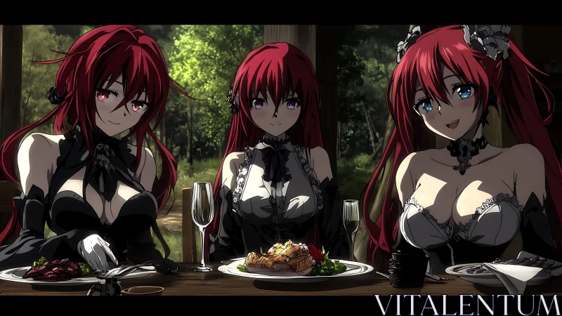 Elegant anime trio in gothic dresses dine at sunlit terrace
